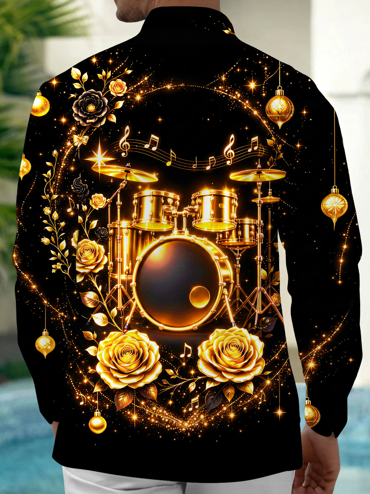 Oceanlyte Men's Long Sleeve Shirt - Christmas Ornaments And Musical Notes Print Golden Drum Set And Roses Print with Chest Pocket