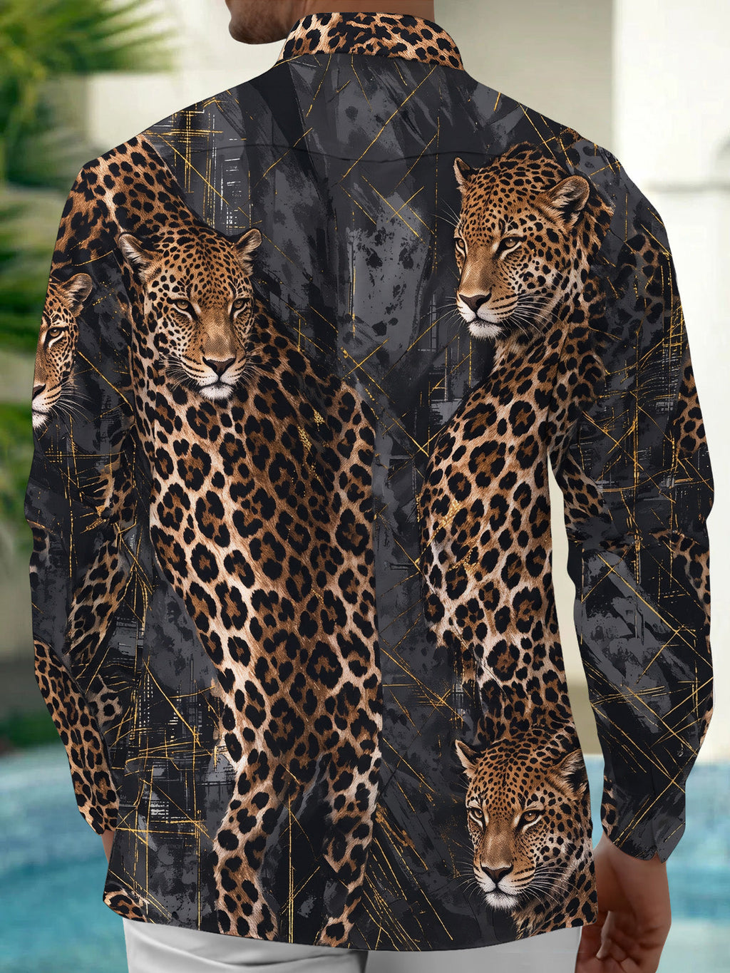 Oceanlyte Men's Printed Leopard Animal Print With Gold Accents Long Sleeve Shirt with Chest Pocket