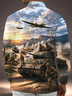 Oceanlyte Men's Long Sleeve Shirt - The "Normandy Breakout" World War II Battlefield Scene With Tanks And Soldiers Print with Chest Pocket