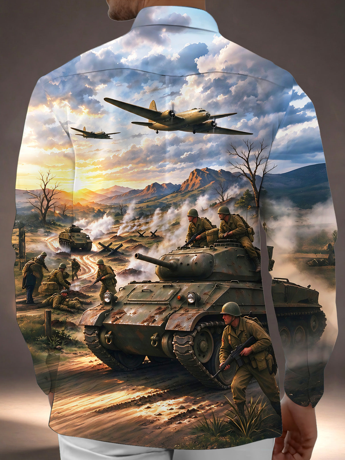 Oceanlyte Men's Long Sleeve Shirt - The "Normandy Breakout" World War II Battlefield Scene With Tanks And Soldiers Print with Chest Pocket