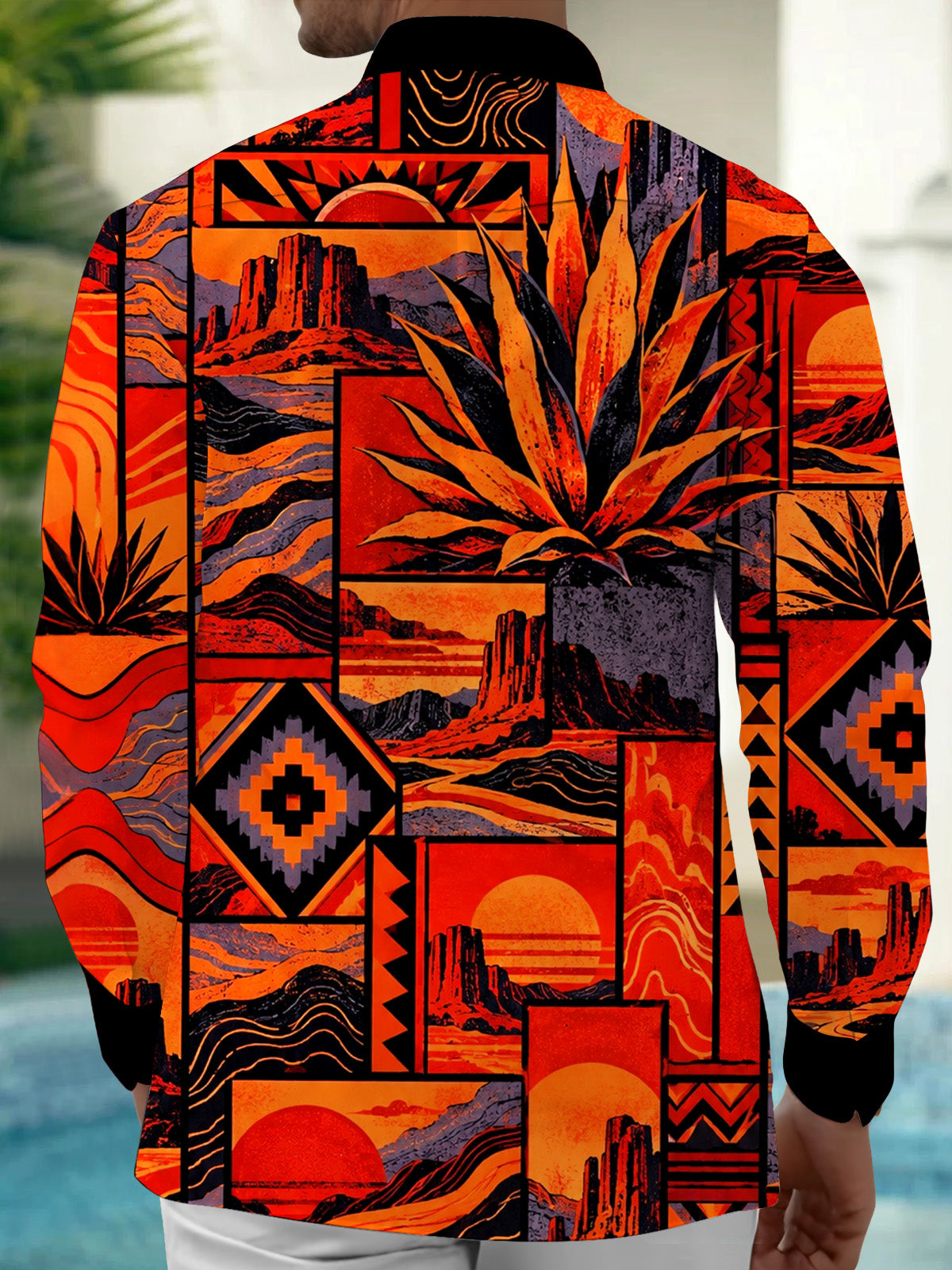 Oceanlyte Men's Desert Landscape With Agave Plants Print Long Sleeve Shirt with Chest Pocket