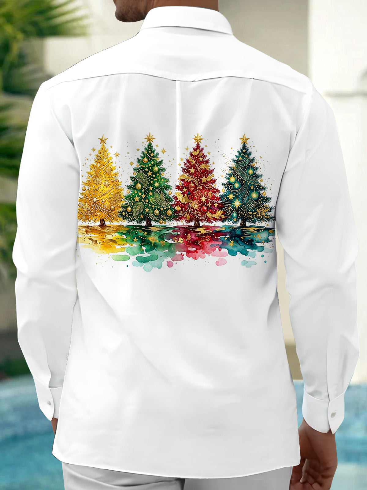 Oceanlyte Men's Long Sleeve Shirt - Watercolor Christmas Trees With Ornaments And Stars Print with Chest Pocket