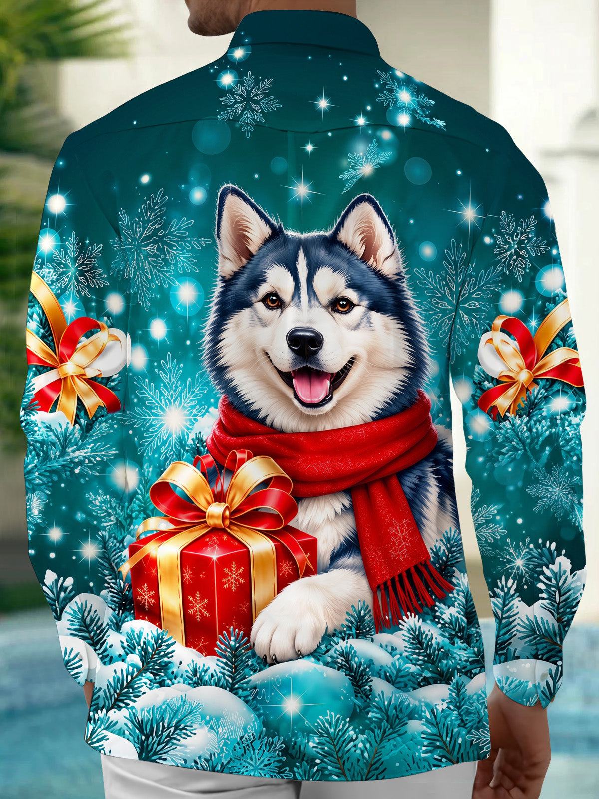 Oceanlyte Men's Long Sleeve Shirt - Christmas Husky Dog With Red Scarf And Gift Box Print with Chest Pocket