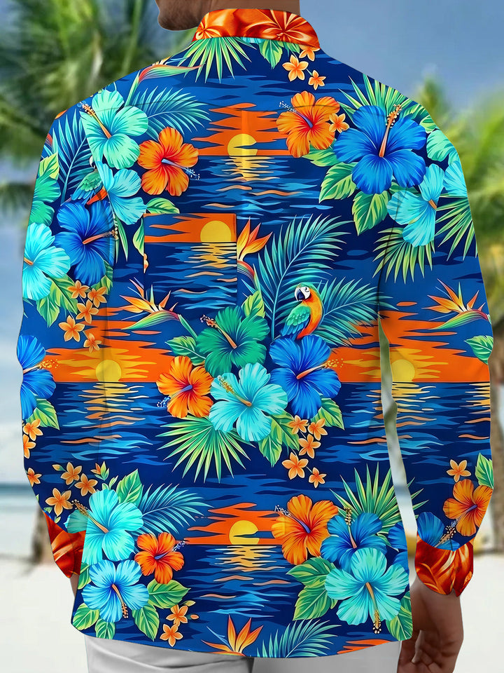 Oceanlyte Men's Hawaiian Floral Tropical Hibiscus Parrot Sunset Print Long Sleeve Button Down Shirt with Chest Pocket