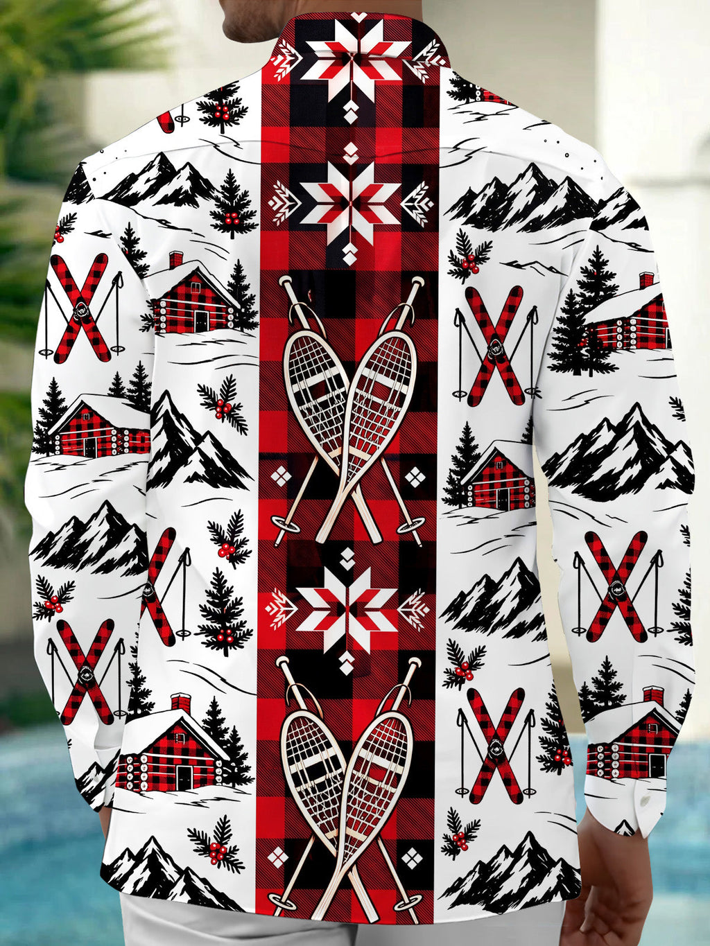 Oceanlyte Men's Long Sleeve Shirt - Winter Skiing Scenes With Snowy Mountains And Cabins Print with Chest Pocket