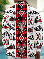 Oceanlyte Men's Long Sleeve Shirt - Winter Skiing Scenes With Snowy Mountains And Cabins Print with Chest Pocket