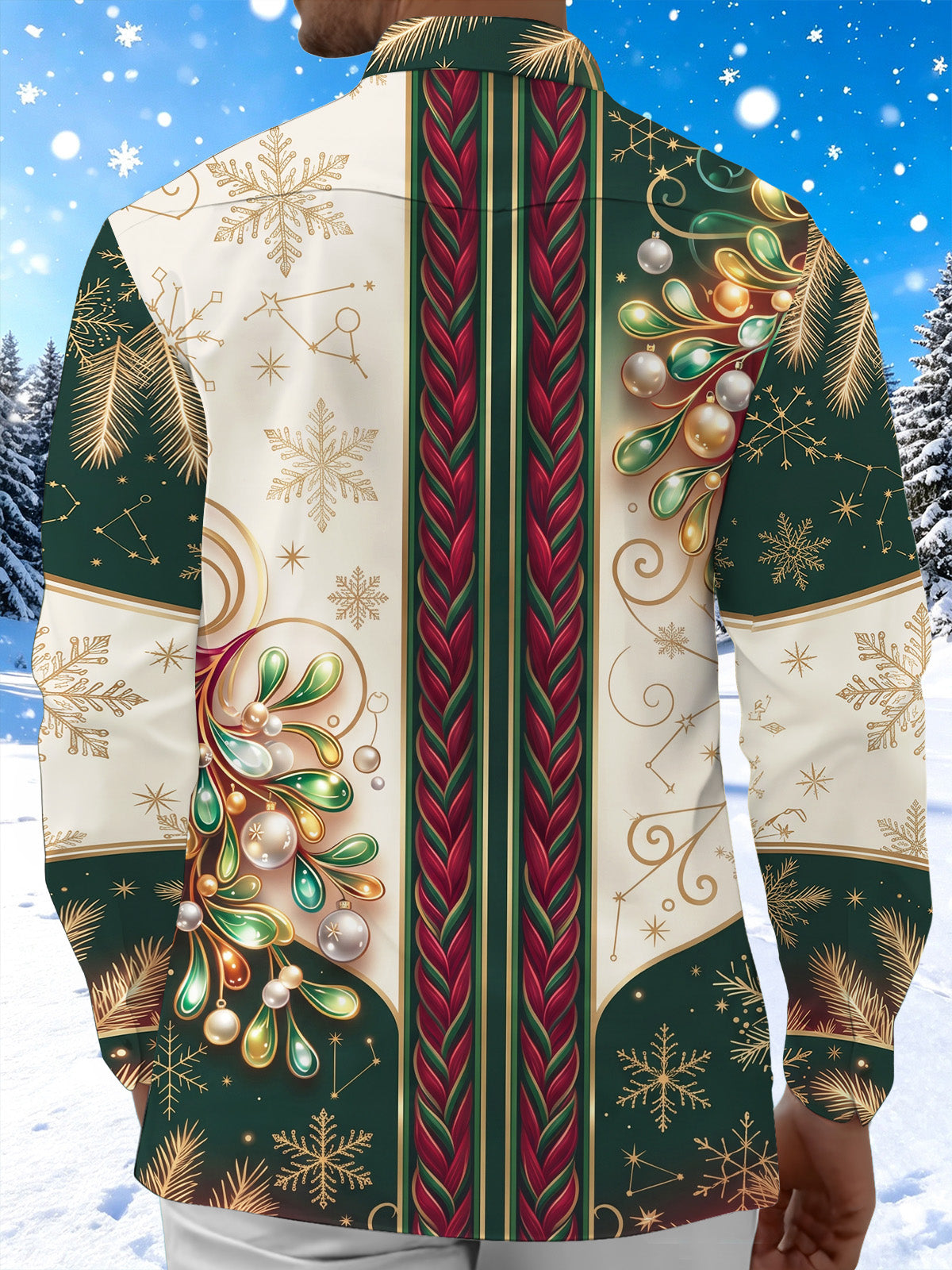 Oceanlyte Men's Christmas Ornaments And Snowflakes Print Long Sleeve Shirt with Chest Pocket
