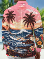 Oceanlyte Men's Palm Trees And Ocean Waves Print Long Sleeve Shirt with Chest Pocket
