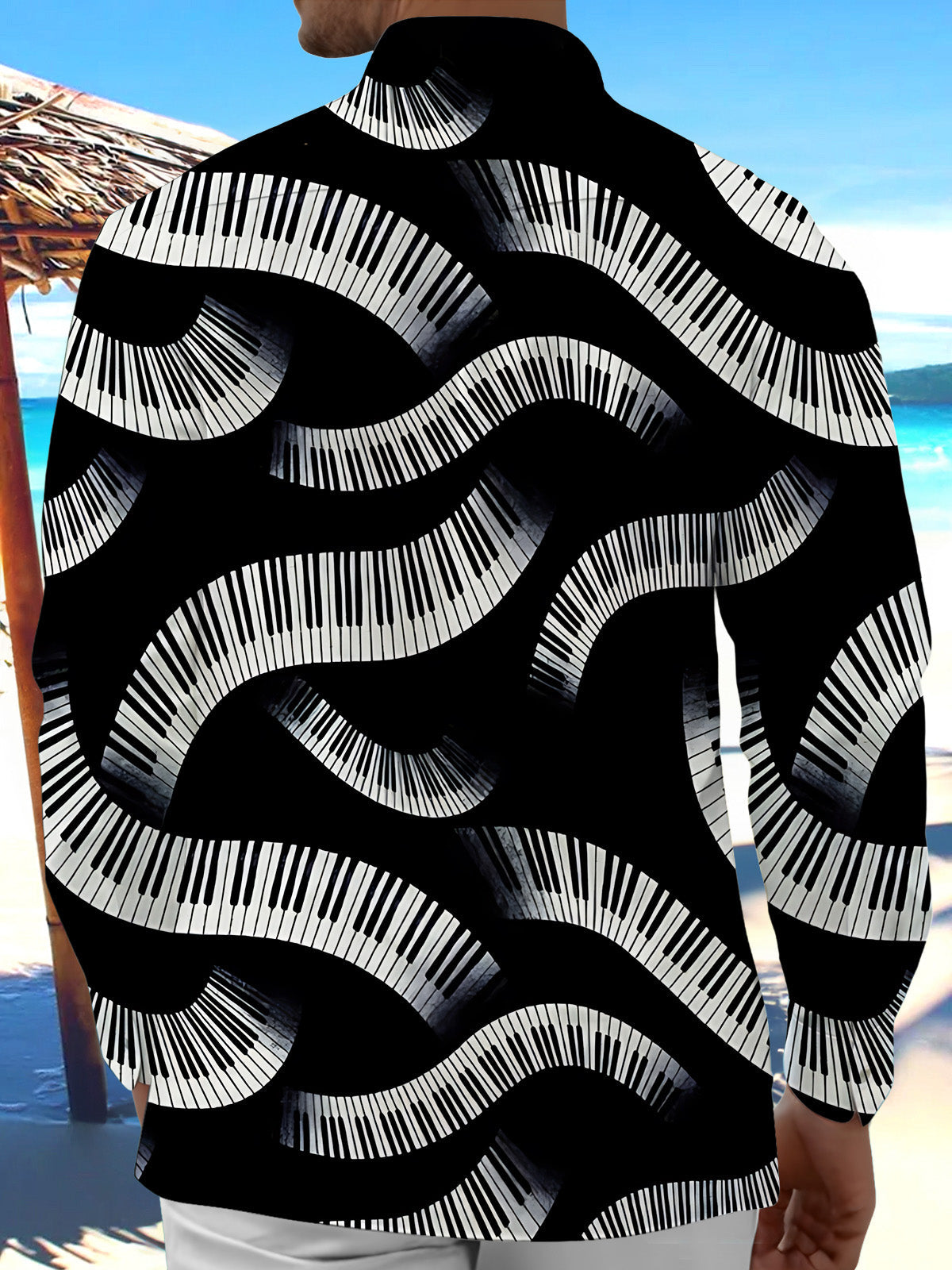 Oceanlyte Men's Graphic Wavy Piano Keys Print Long Sleeve Shirt with Chest Pocket