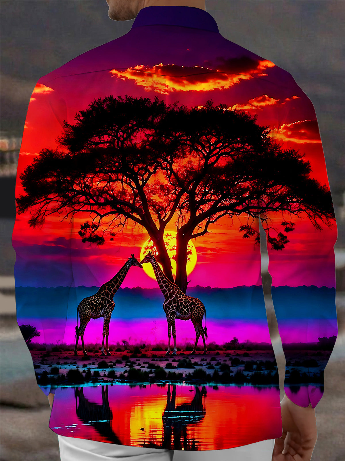 Oceanlyte Men's Printed Giraffe Sunset Landscape Print Long Sleeve Shirt with Chest Pocket
