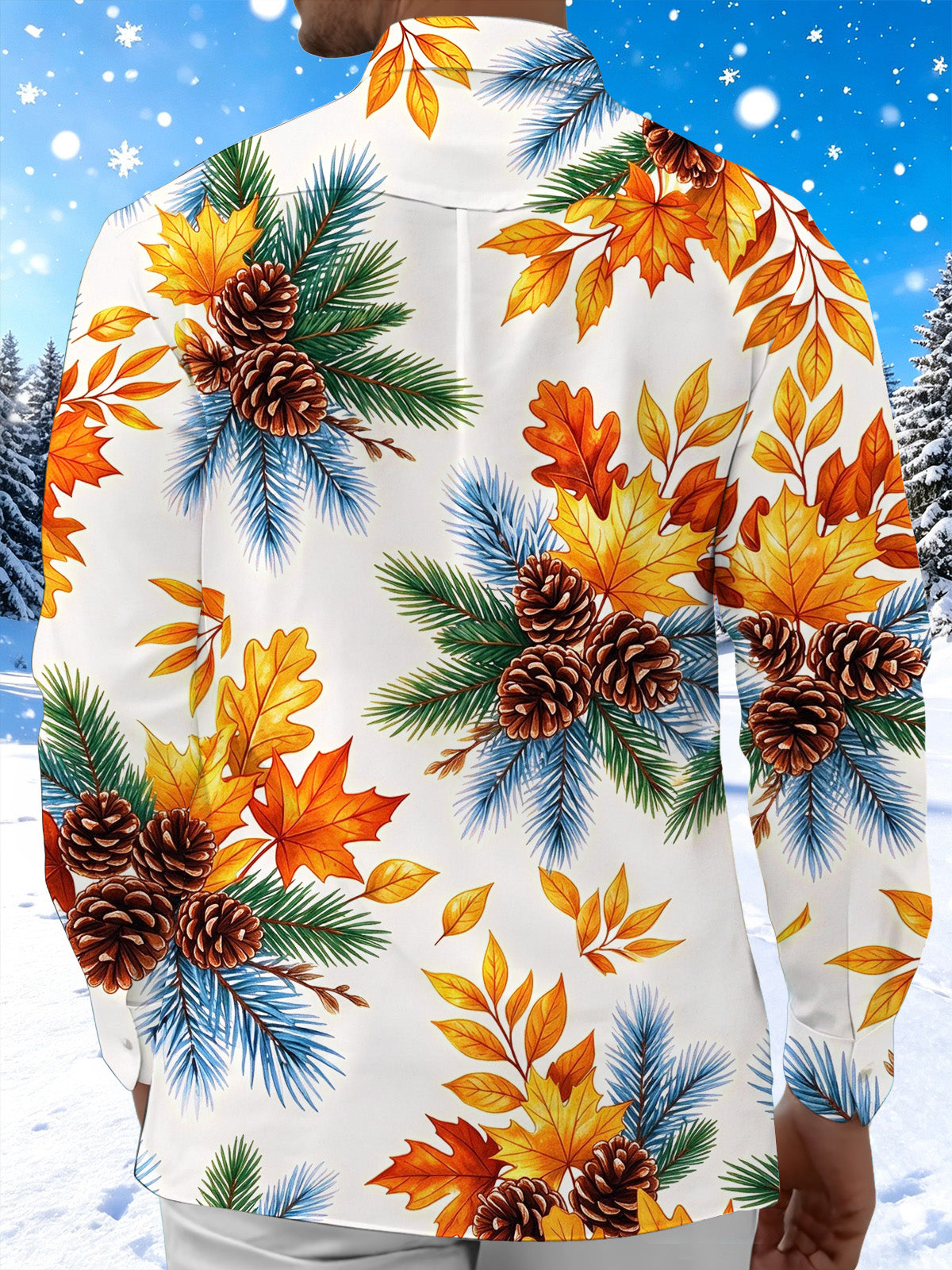 Oceanlyte Men's Long Sleeve Shirt - Autumn Maple Leaves And Winter Pine Cones With Pine Needles Print with Chest Pocket