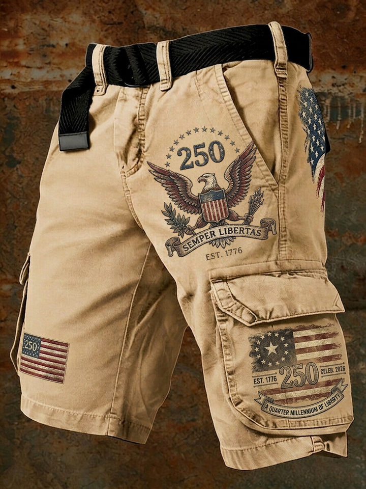 Men's Anniversary American Flag Eagle Print Denim-Like Cargo Shorts