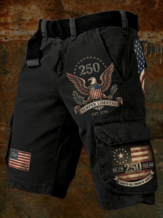 Men's Anniversary American Flag Eagle Print Denim-Like Cargo Shorts