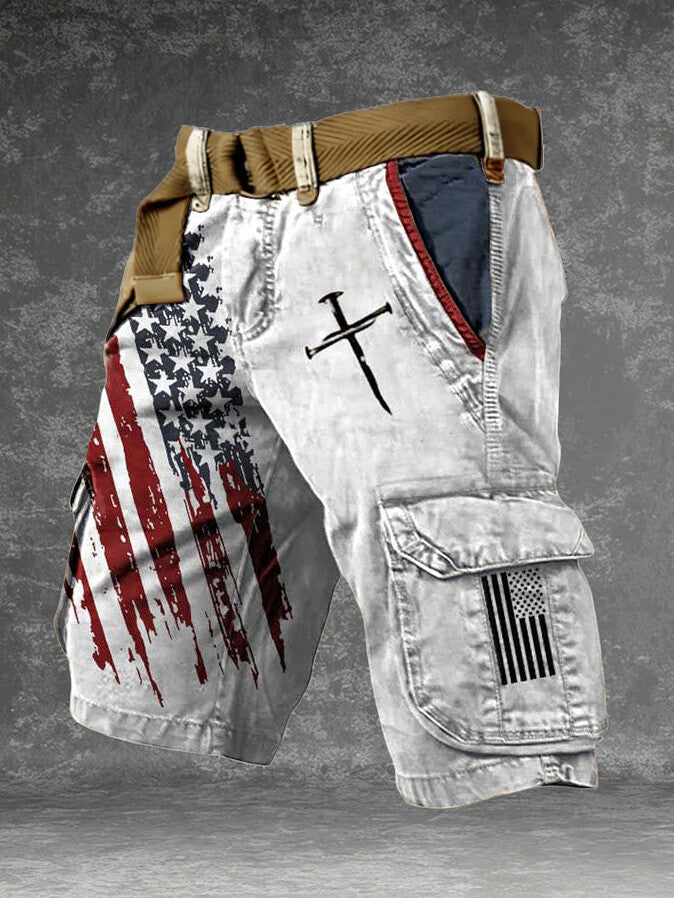 Men's American Flag Nail Cross Print Denim-Like Cargo Shorts