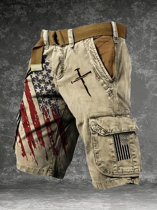 Men's American Flag Nail Cross Print Denim-Like Cargo Shorts