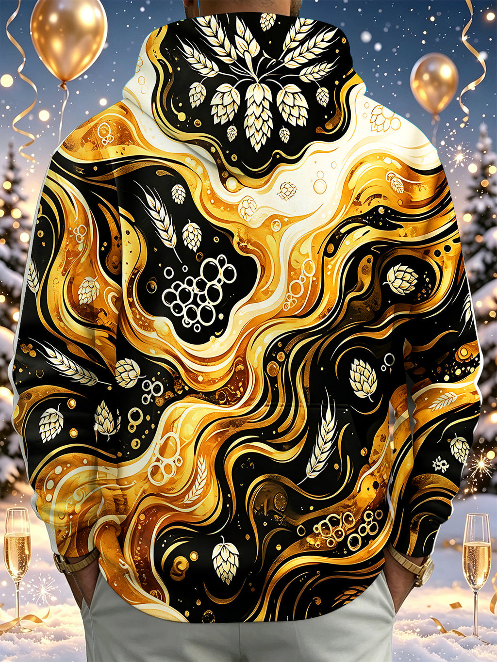 Oceanlyte Men's Patterned Gold Fluid Beer Hops Pattern Long Sleeve Hoodie