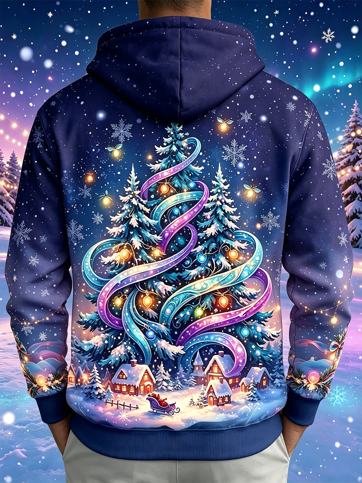Oceanlyte Men's Christmas Tree And Winter Village Print Long Sleeve Hoodie