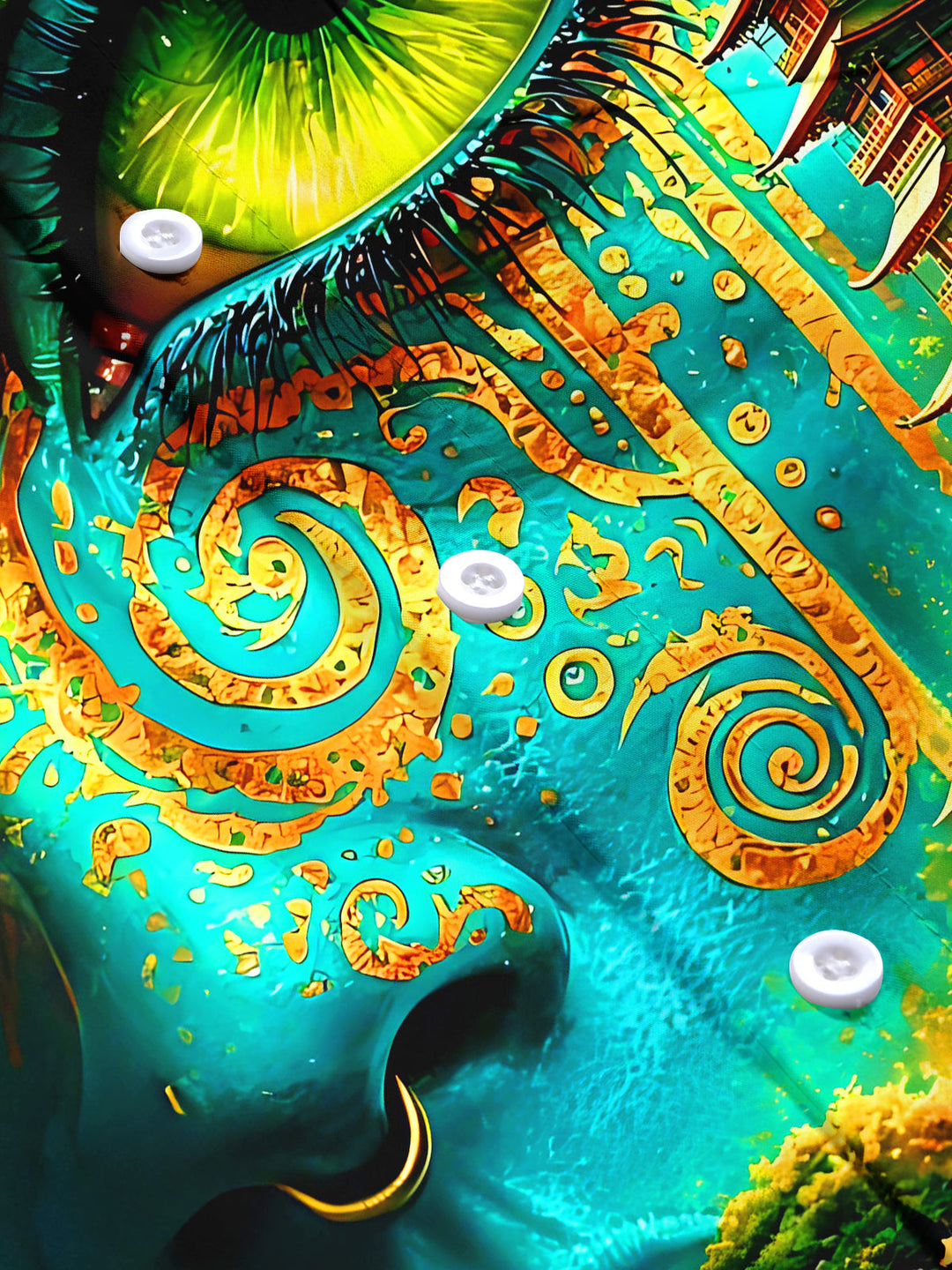 Dark Mysterious Exotic Gilded Human Face Pagoda Fantasy Art Men's Pocket Short Sleeve Shirts