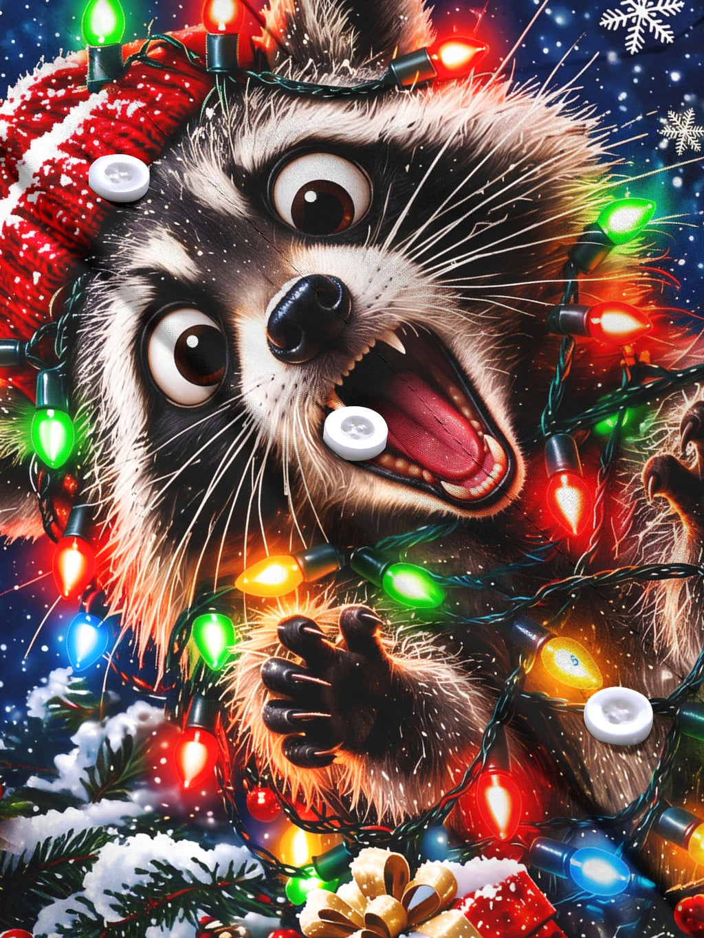 Oceanlyte Men's Raccoon With Christmas Lights And Hat Print Long Sleeve Shirt with Chest Pocket