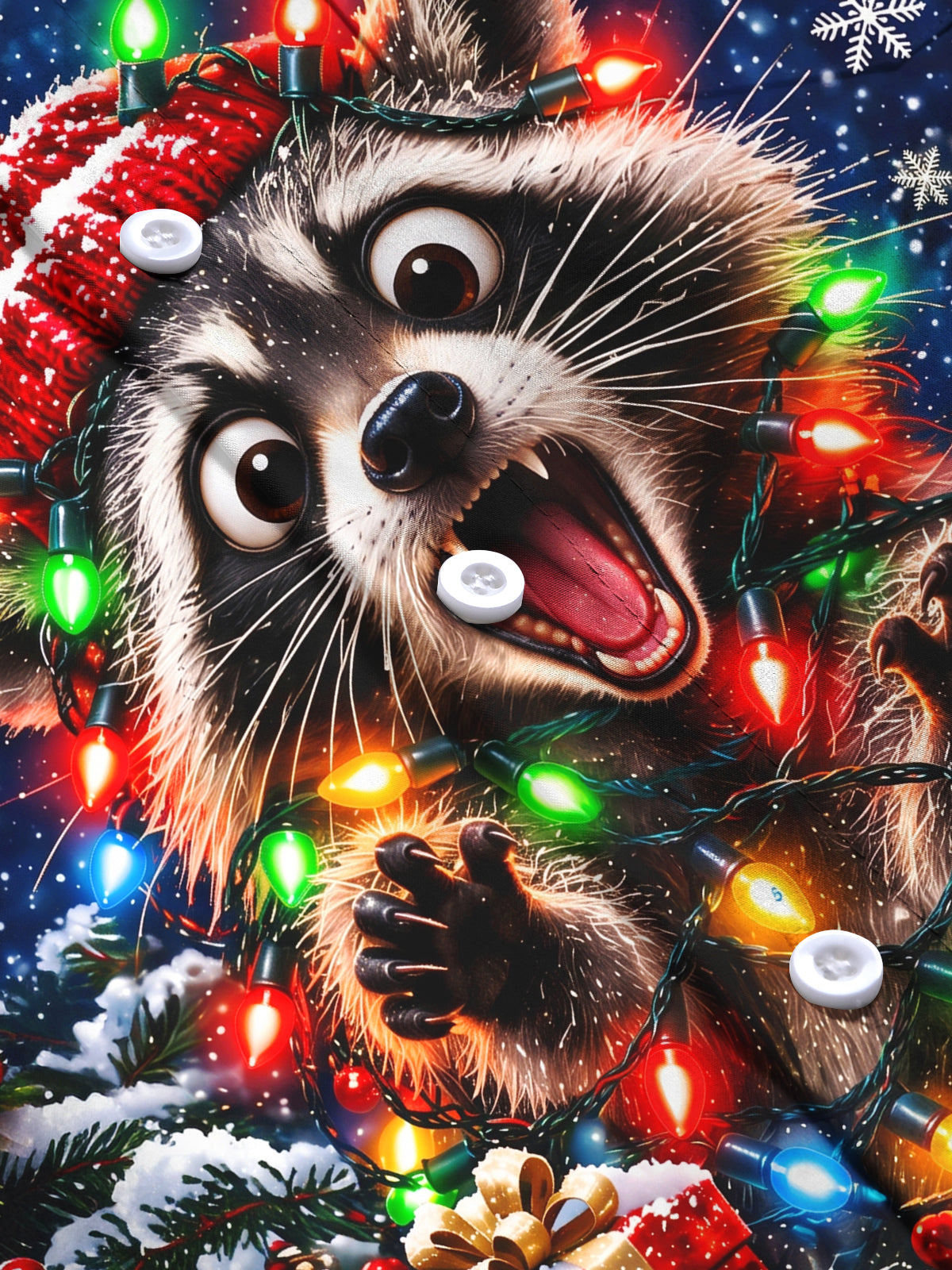 Oceanlyte Men's Raccoon With Christmas Lights And Hat Print Long Sleeve Shirt with Chest Pocket