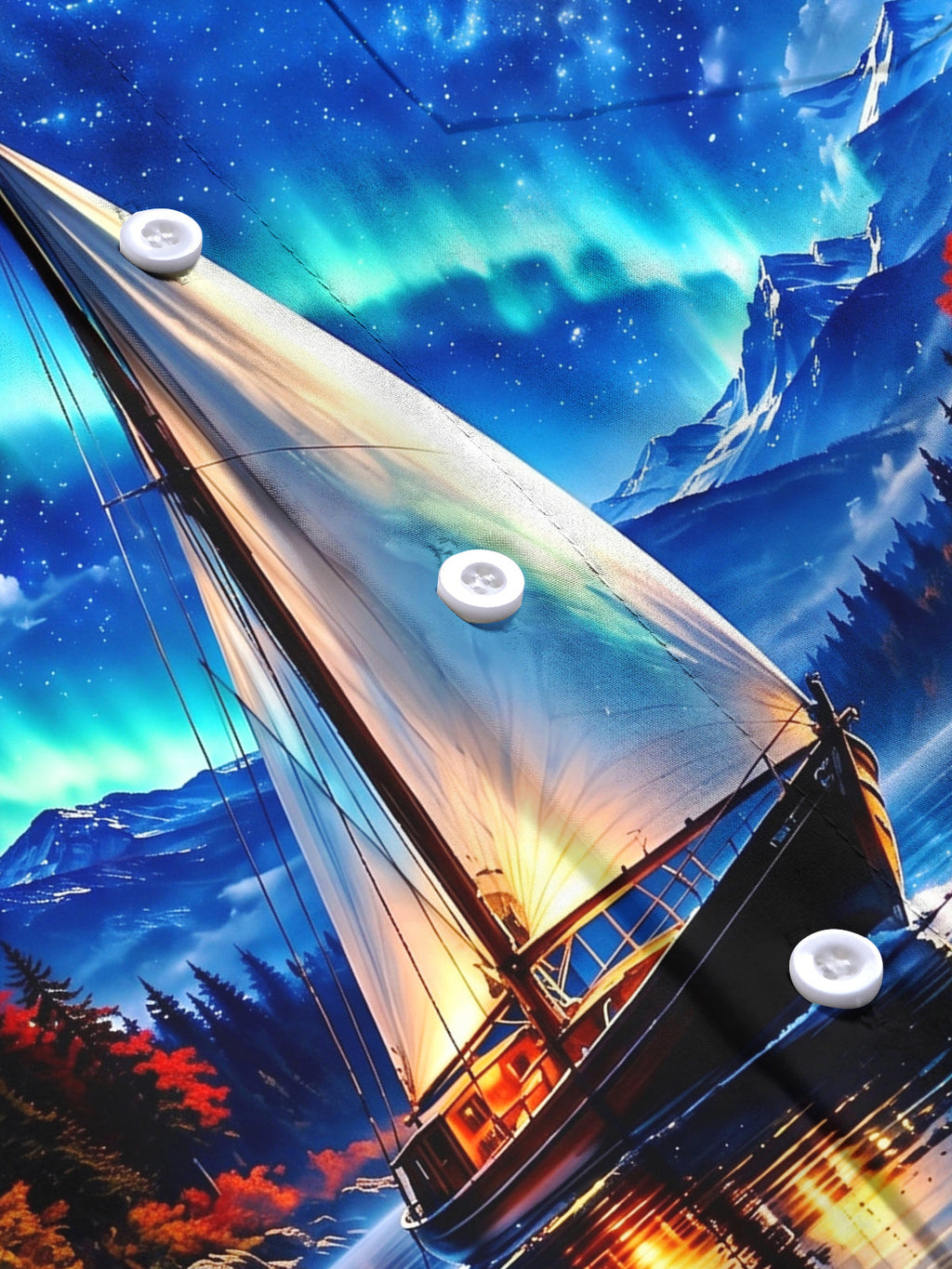 Oceanlyte Men's Long Sleeve Shirt - Sailing Boat On Lake With Aurora Borealis Print with Chest Pocket