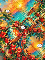 Oceanlyte Men's Hawaiian Drum Set And Tropical Sunset Print Long Sleeve Shirt with Chest Pocket