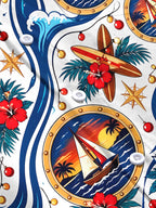 Oceanlyte Men's Long Sleeve Shirt - Christmas Ornaments And String Lights Print Sailing Boat In Porthole And Tropical Waves Print