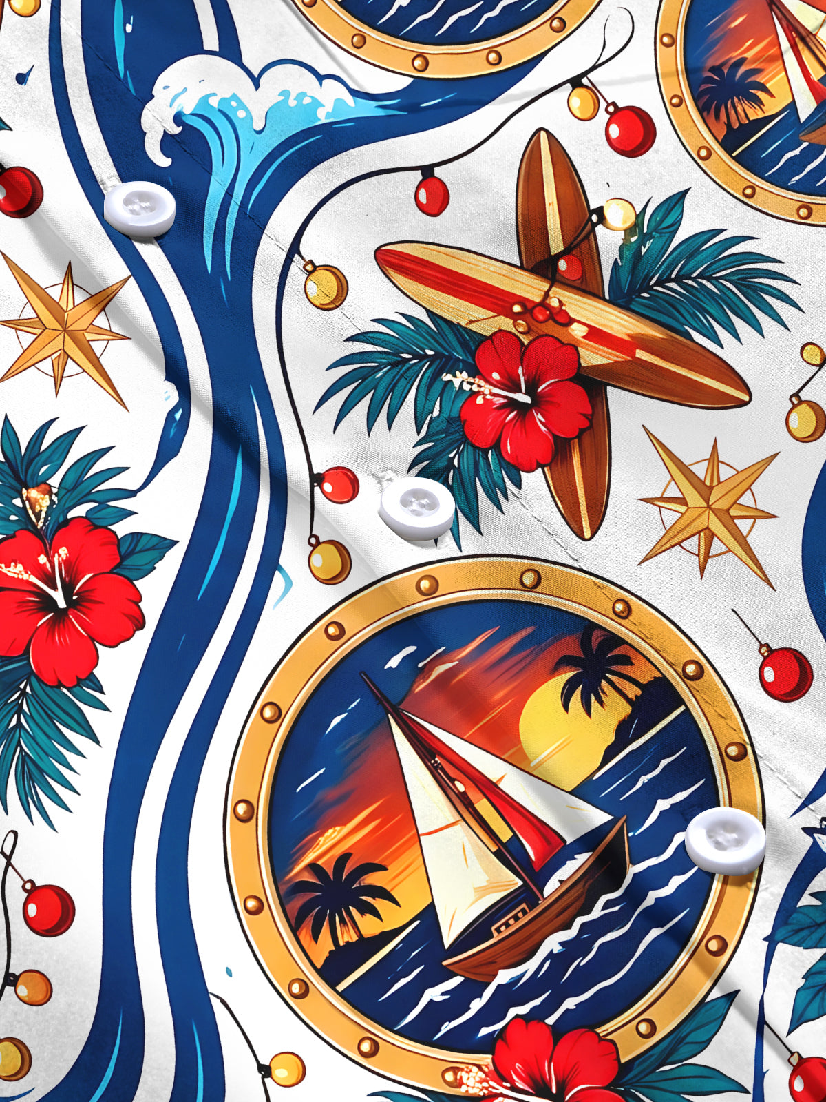 Oceanlyte Men's Long Sleeve Shirt - Christmas Ornaments And String Lights Print Sailing Boat In Porthole And Tropical Waves Print