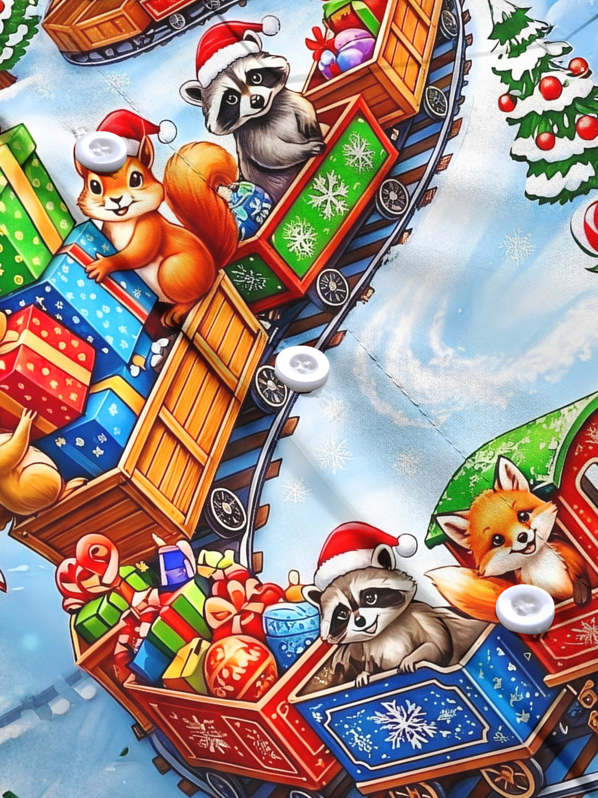 Oceanlyte Men's Christmas Animals On Train With Gifts Print Long Sleeve Shirt with Chest Pocket