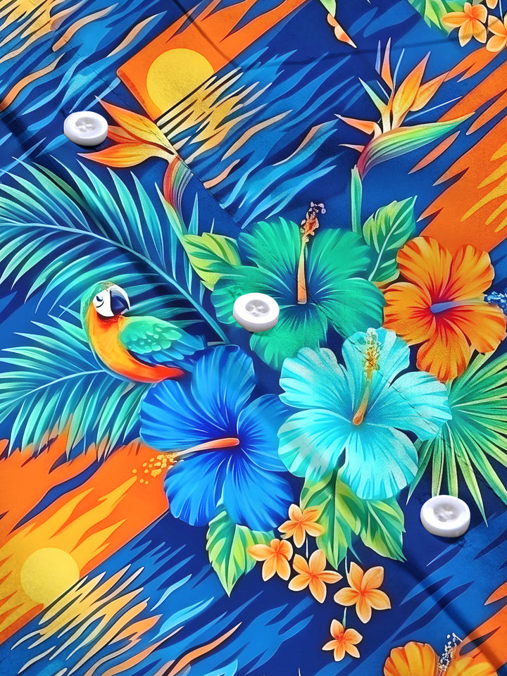 Oceanlyte Men's Hawaiian Floral Tropical Hibiscus Parrot Sunset Print Long Sleeve Button Down Shirt with Chest Pocket