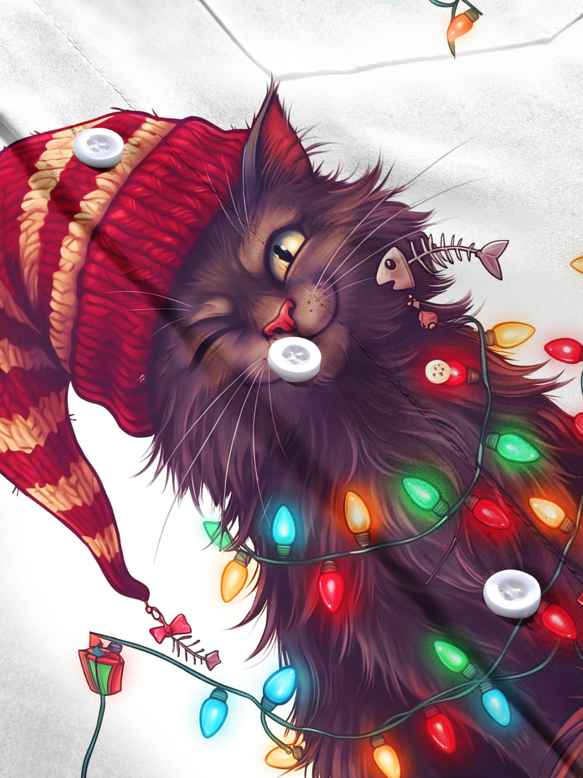 Oceanlyte Men's Long Sleeve Shirt - Black Cat With Christmas Lights And Knit Hat Print with Chest Pocket