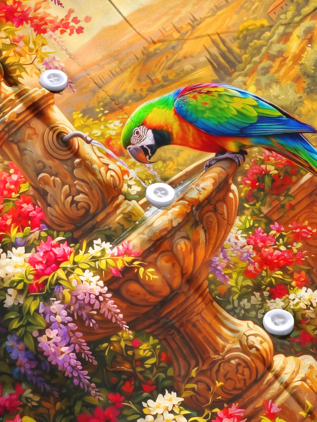 Oceanlyte Men's Colorful Parrot And Garden Fountain Print Long Sleeve Shirt with Chest Pocket