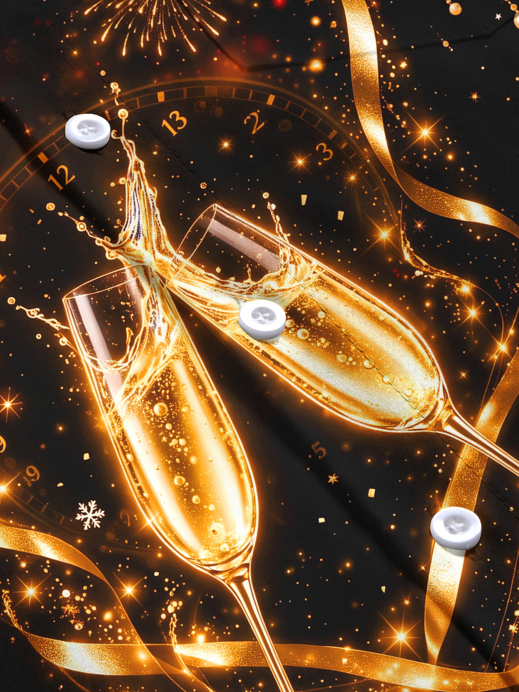 Oceanlyte Men's New Year Champagne Glasses And Clock Print Long Sleeve Shirt with Chest Pocket