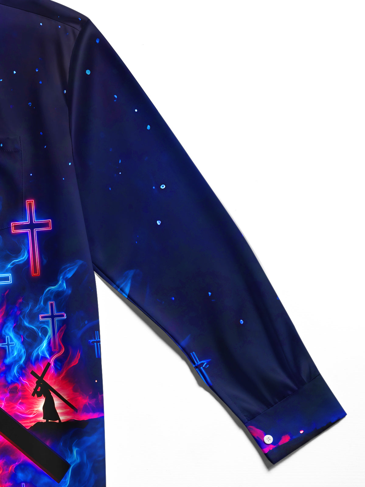 Oceanlyte Men's Long Sleeve Shirt - Silhouette Of Jesus Carrying The Cross With Neon Crosses Print with Chest Pocket