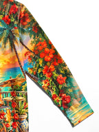Oceanlyte Men's Hawaiian Drum Set And Tropical Sunset Print Long Sleeve Shirt with Chest Pocket