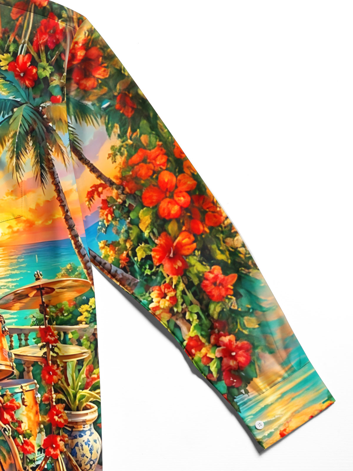 Oceanlyte Men's Hawaiian Drum Set And Tropical Sunset Print Long Sleeve Shirt with Chest Pocket