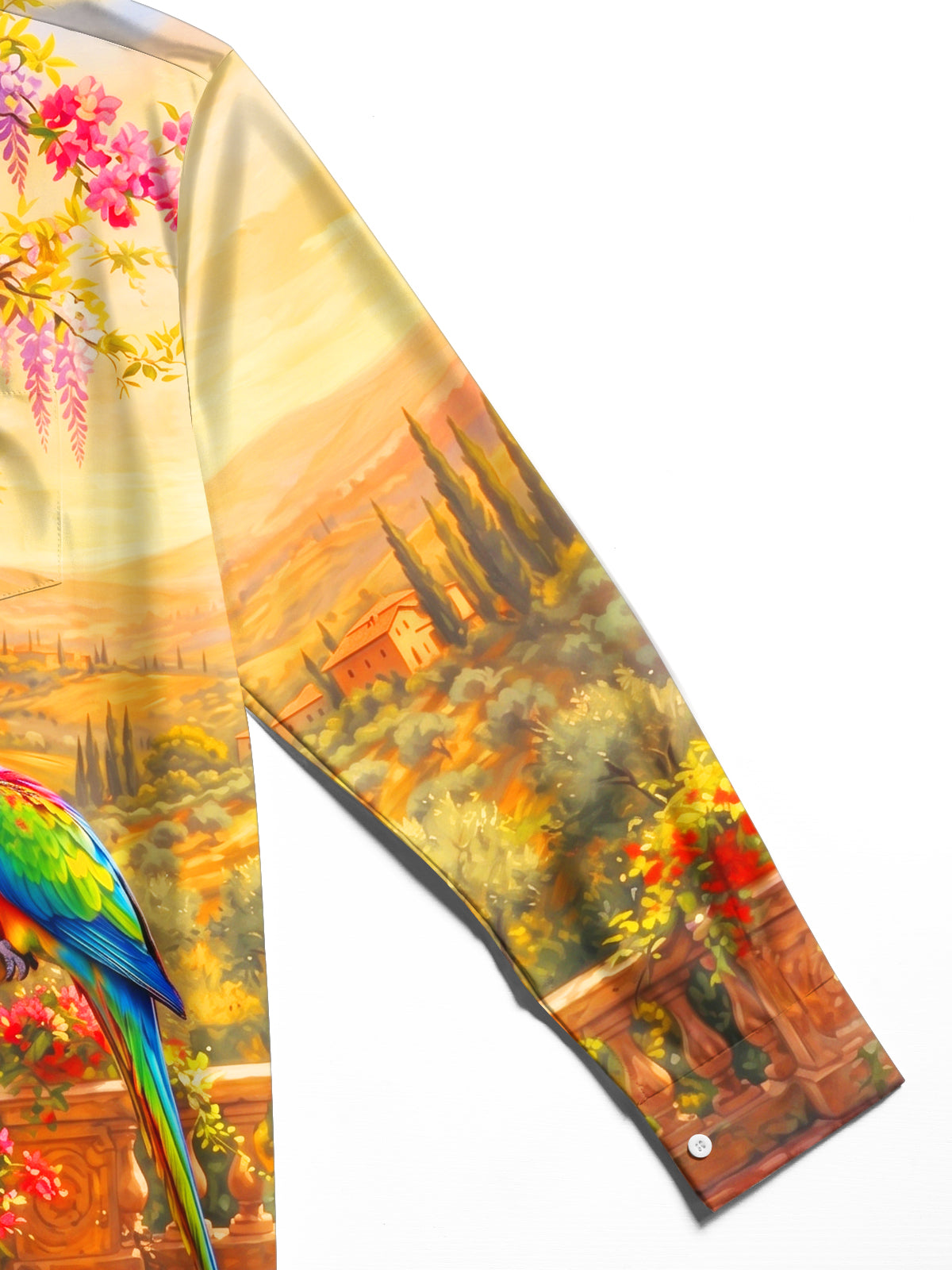 Oceanlyte Men's Colorful Parrot And Garden Fountain Print Long Sleeve Shirt with Chest Pocket