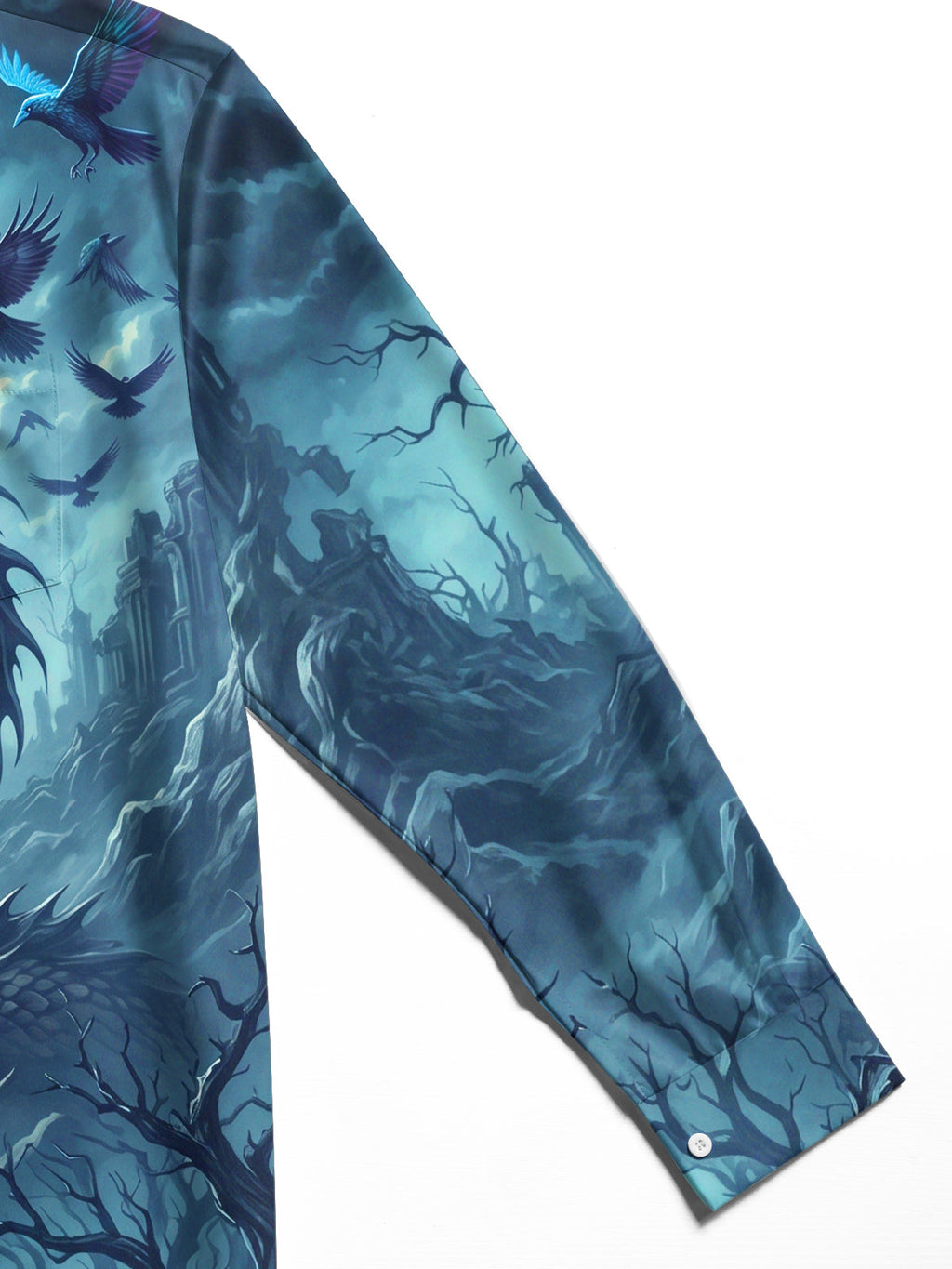 Oceanlyte Men's Dragon And Wolves In A Moonlit Forest Print Long Sleeve Shirt with Chest Pocket