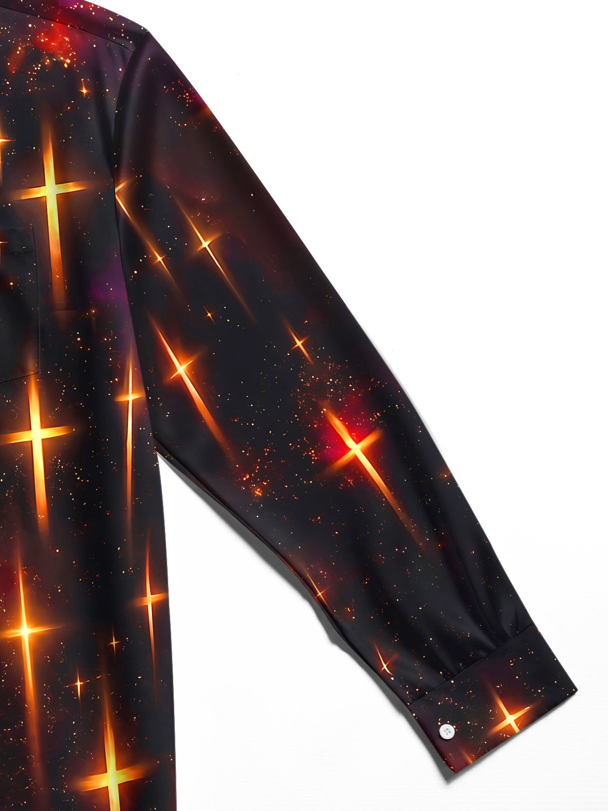 Oceanlyte Men's Long Sleeve Shirt - Glowing Golden Crosses On Cosmic Background Print with Chest Pocket