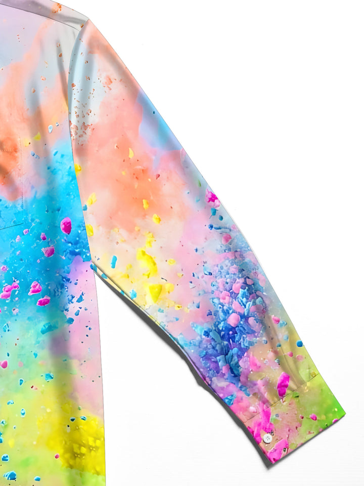 Oceanlyte Men's Graphic Abstract Colorful Powder Splatter Print Long Sleeve Button Down Shirt with Chest Pocket