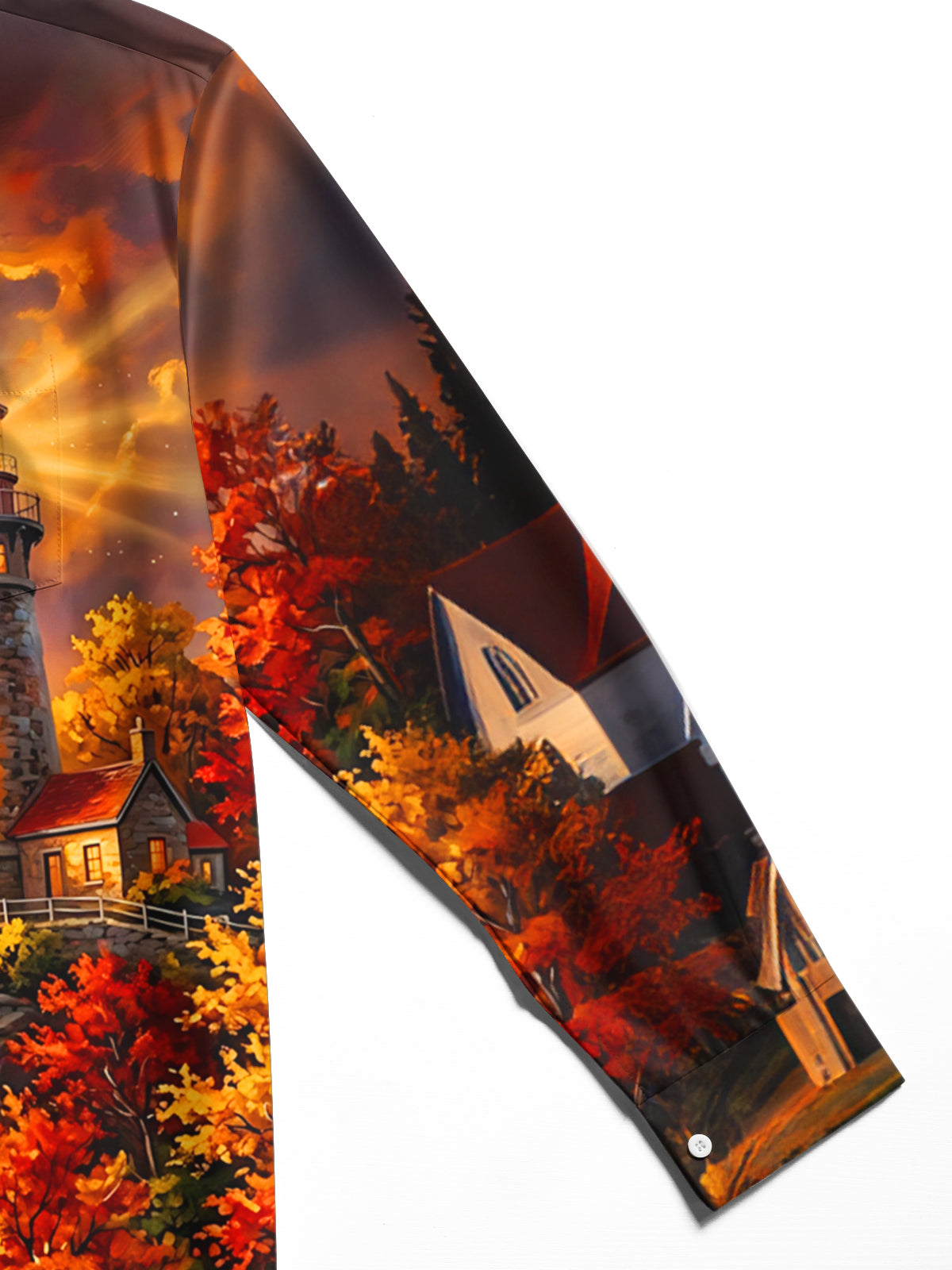 Oceanlyte Men's Autumn Lighthouse Cliff Landscape Print Long Sleeve Shirt with Chest Pocket