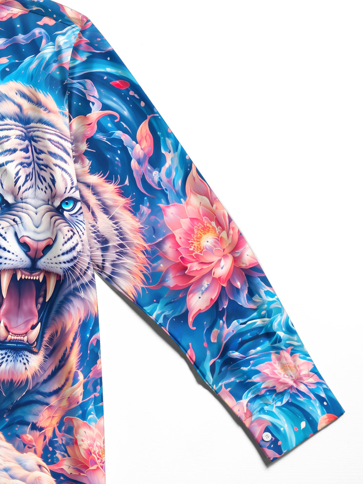 Oceanlyte Men's Hawaiian White Tiger And Floral Pattern Long Sleeve Shirt with Chest Pocket
