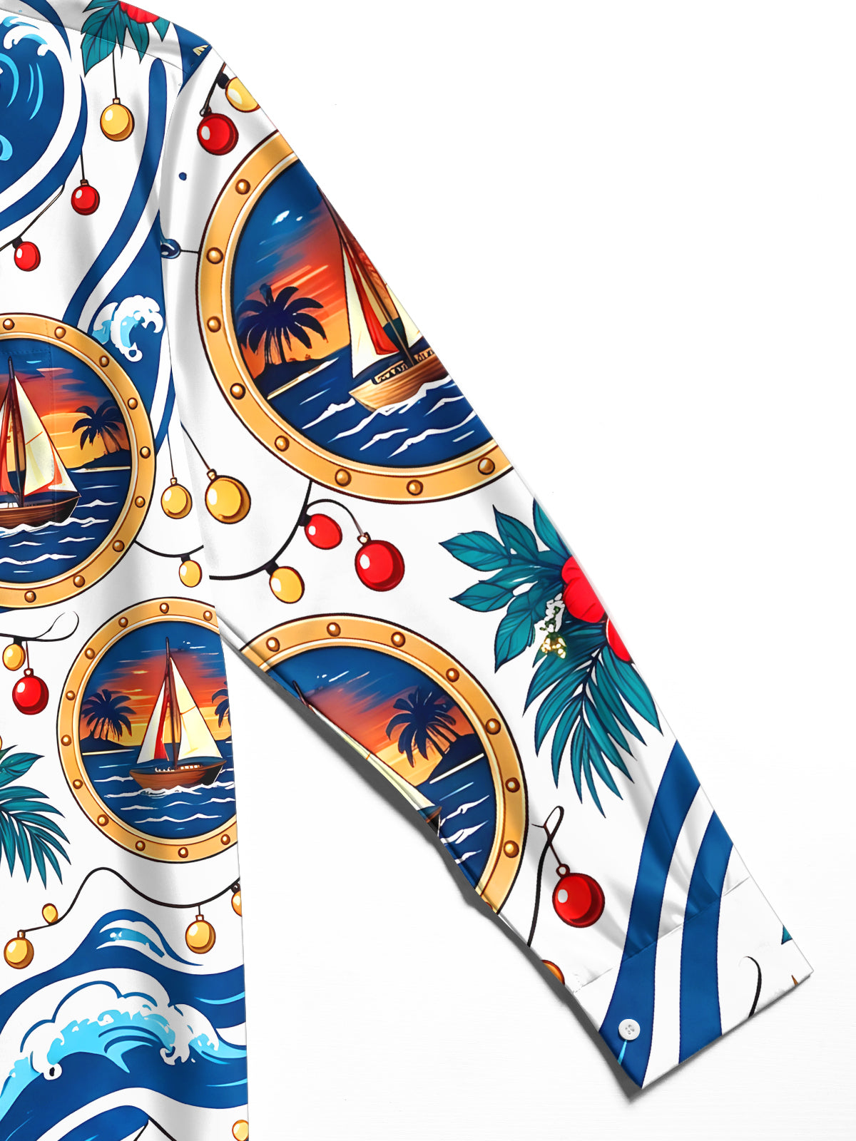 Oceanlyte Men's Long Sleeve Shirt - Christmas Ornaments And String Lights Print Sailing Boat In Porthole And Tropical Waves Print