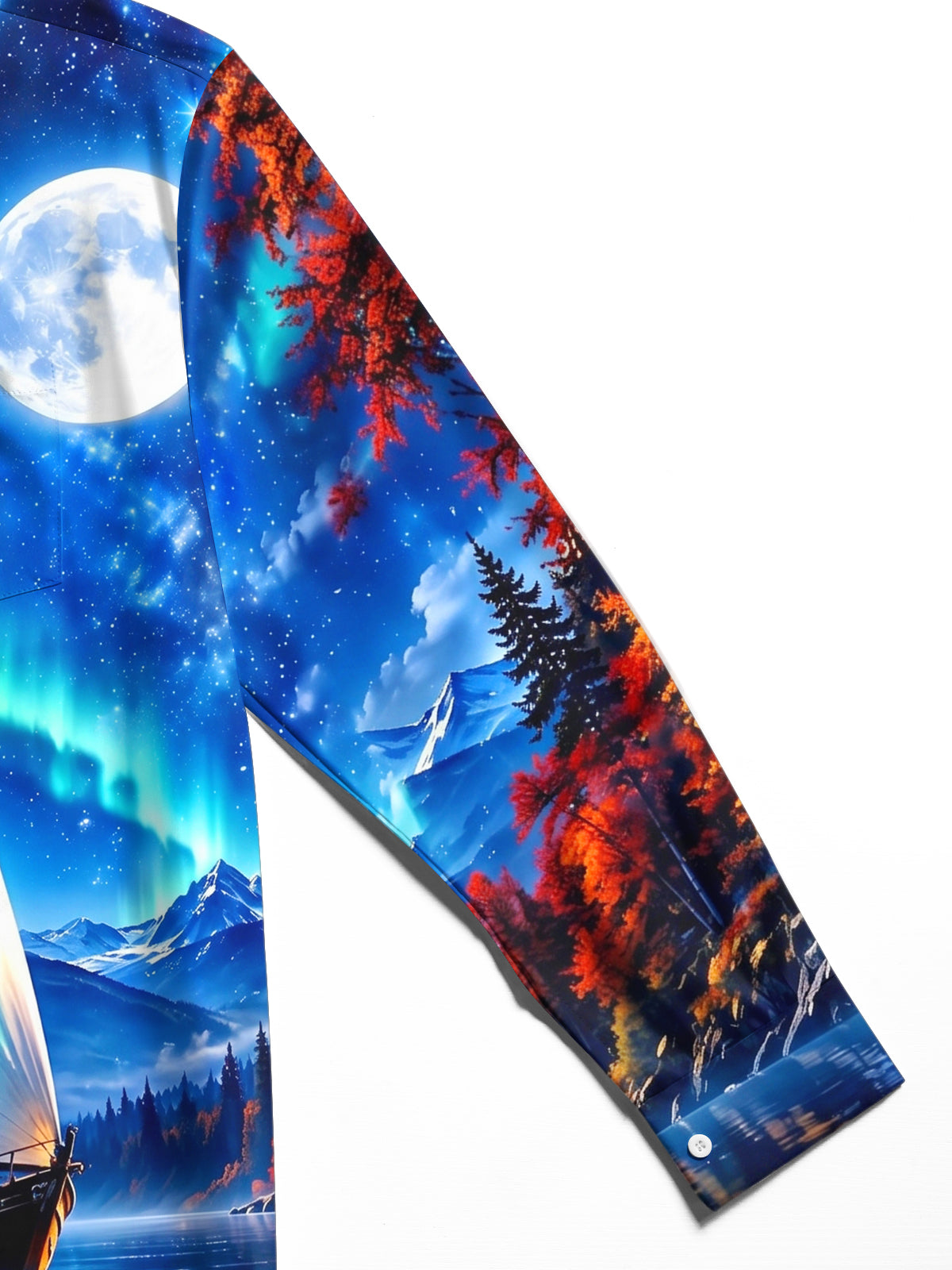 Oceanlyte Men's Long Sleeve Shirt - Sailing Boat On Lake With Aurora Borealis Print with Chest Pocket