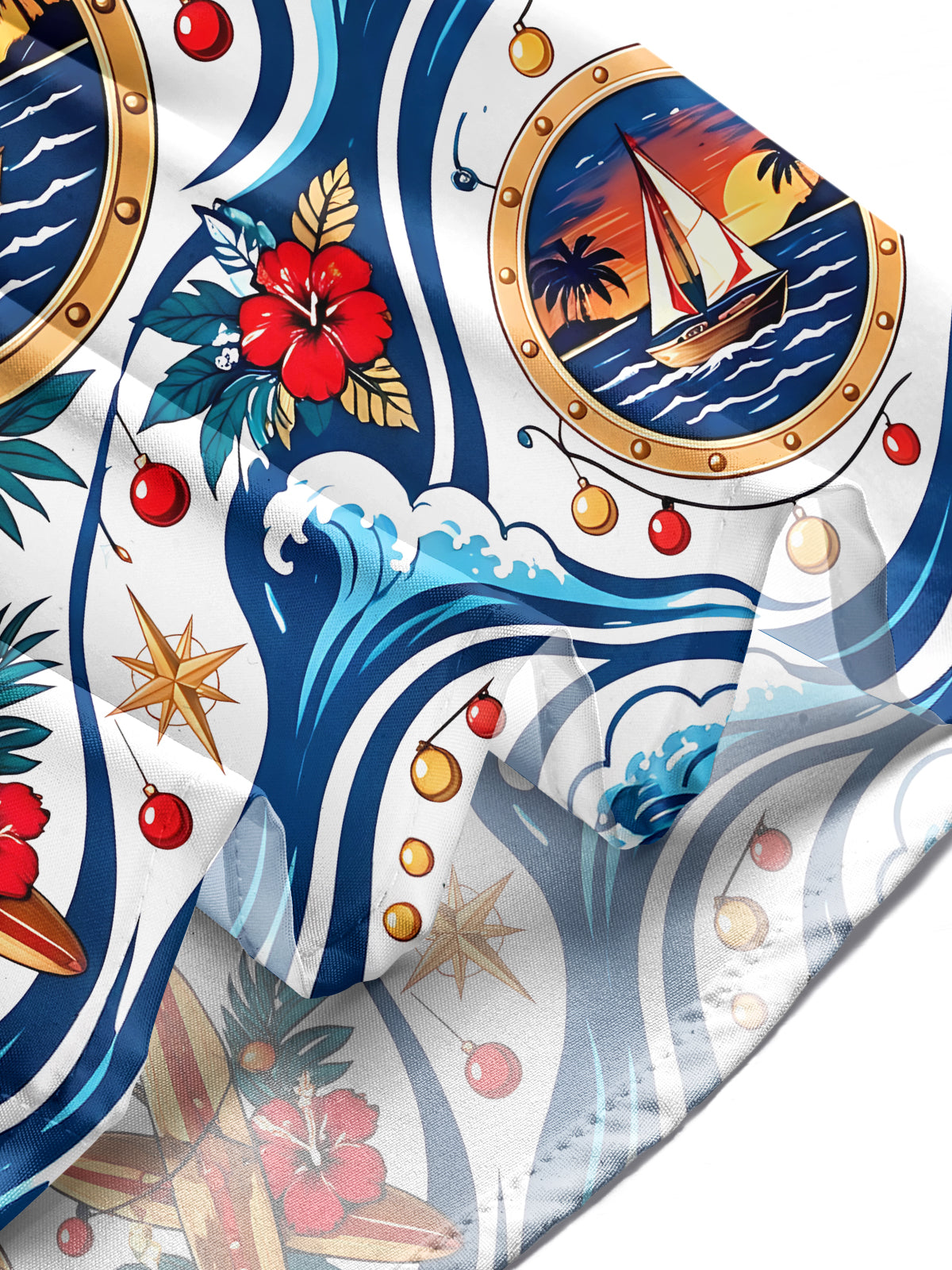 Oceanlyte Men's Long Sleeve Shirt - Christmas Ornaments And String Lights Print Sailing Boat In Porthole And Tropical Waves Print
