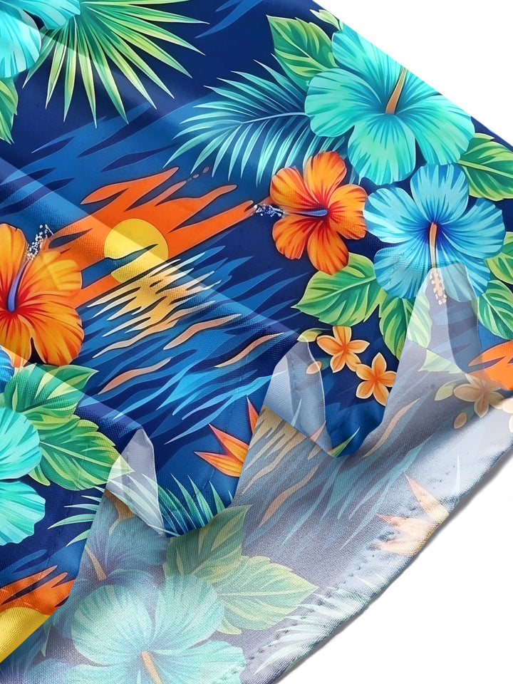 Oceanlyte Men's Hawaiian Floral Tropical Hibiscus Parrot Sunset Print Long Sleeve Button Down Shirt with Chest Pocket