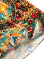 Oceanlyte Men's Hawaiian Drum Set And Tropical Sunset Print Long Sleeve Shirt with Chest Pocket