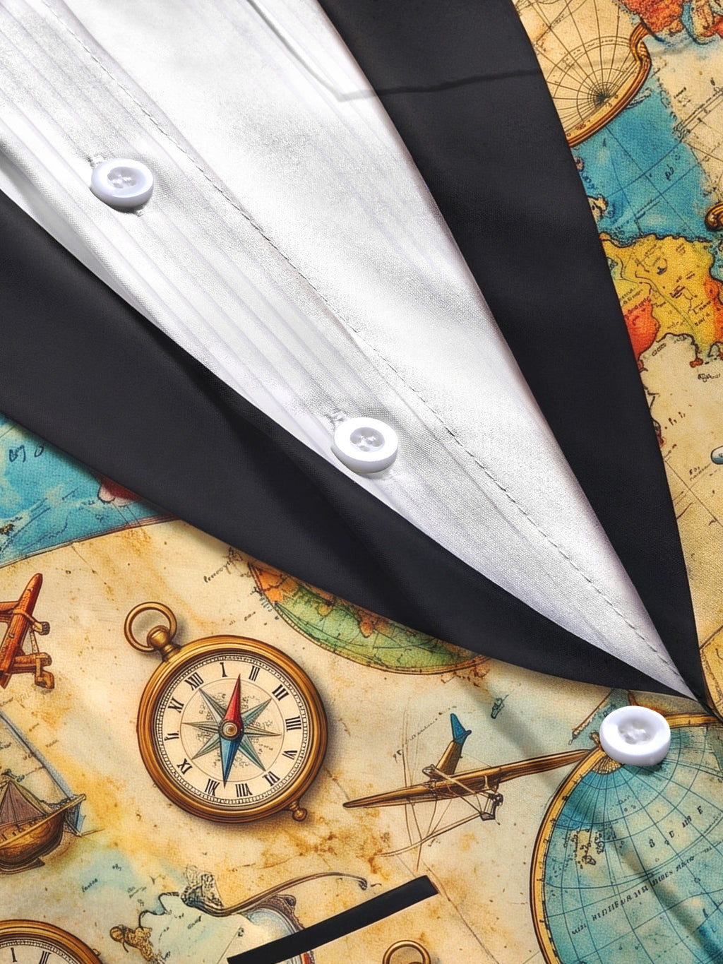 Oceanlyte Men's Vintage Map And Compass Print Long Sleeve Shirt with Chest Pocket