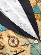 Oceanlyte Men's Vintage Map And Compass Print Long Sleeve Shirt with Chest Pocket