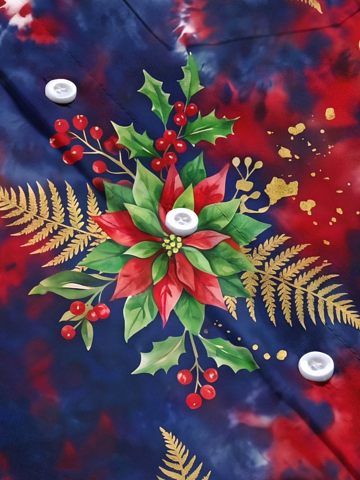 Oceanlyte Men's Long Sleeve Shirt - Christmas Poinsettia And Holly With Gold Ferns Print with Chest Pocket